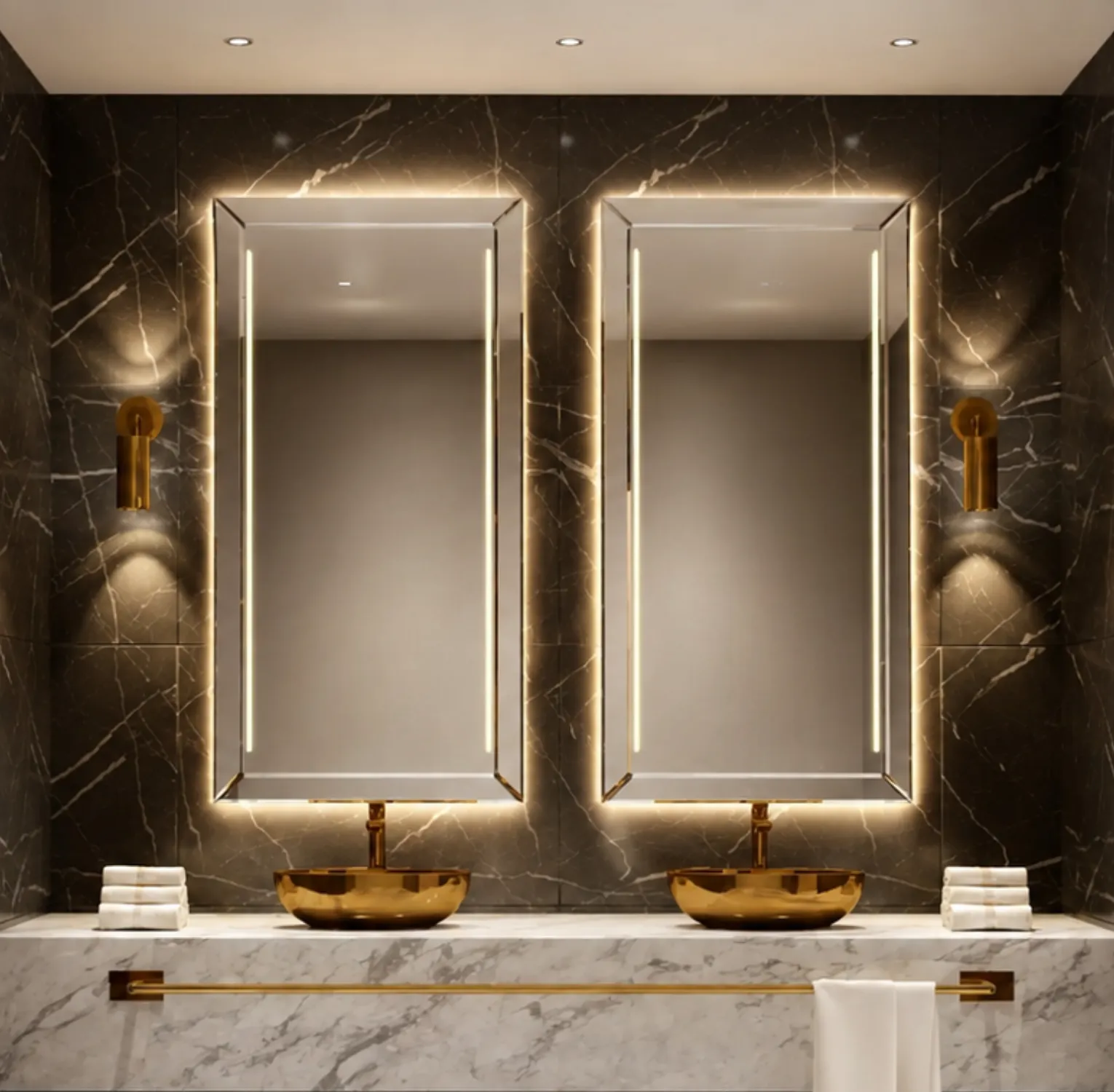 A lighted round mirror with gold frame in dubai