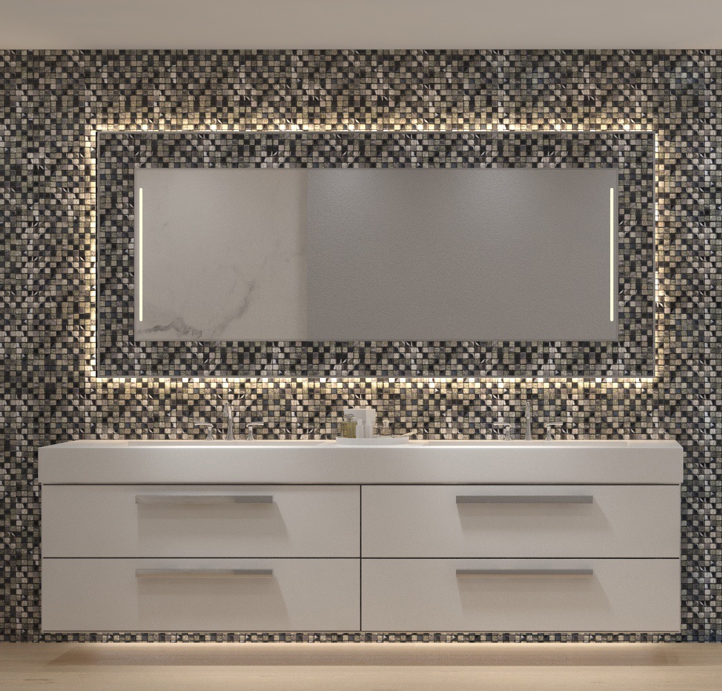 Huge Mosaic Mirrors in Roasted Coffee Tiled Frame placed above a four doors cabinet
