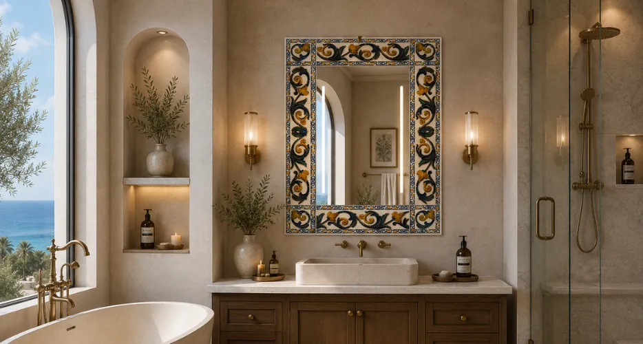 A lighted round mirror with gold frame in dubai