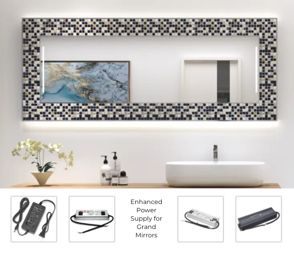 A bathroom sink with a custom mirror framed by mosaic tiles, a faucet over a wooden countertop, and a hanging blue towel.