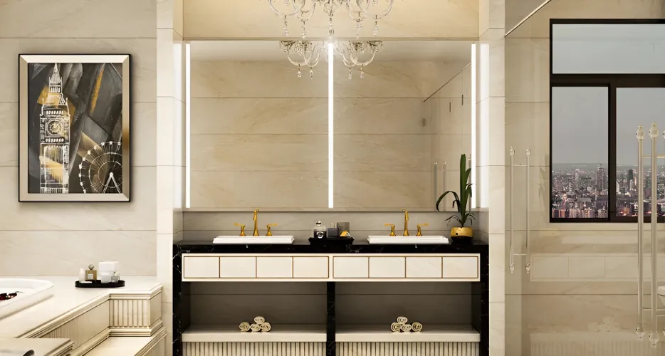 A living room with a custom shape lighted mirror in ajman