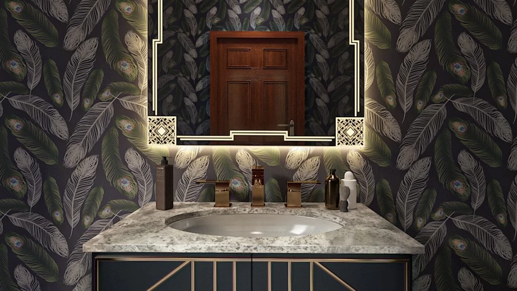 A bathroom with a light up mirror in Gatsby design inset on a unique wall and a marble sink in Oman.