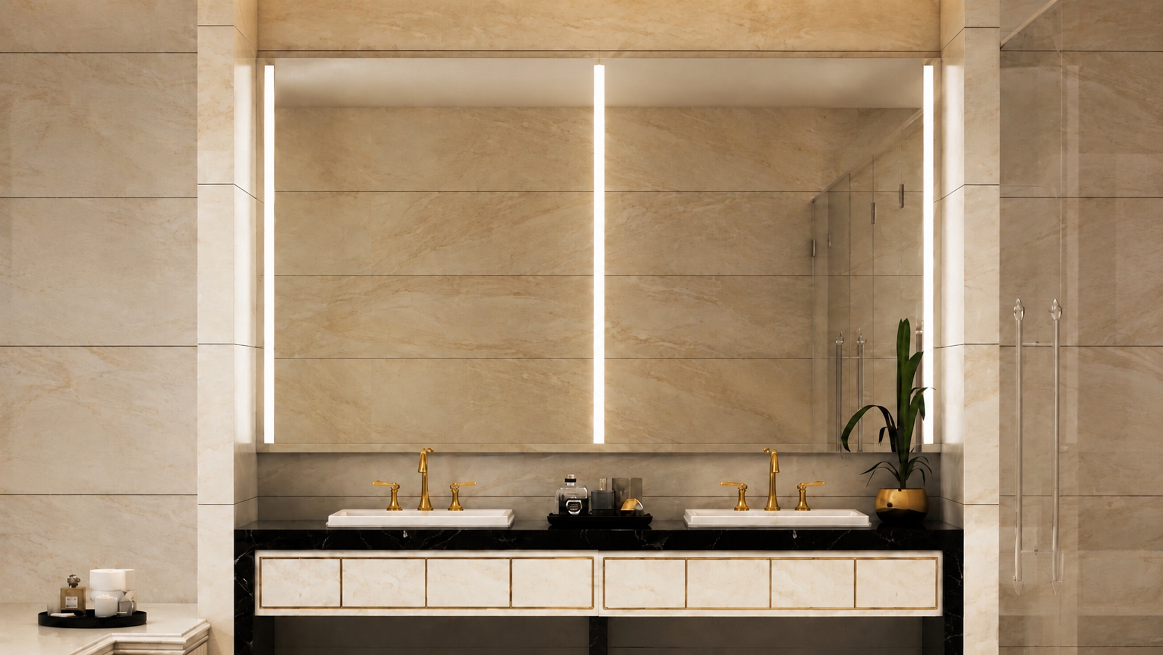 Luxurious bathroom featuring a lighted mirror, double sinks, chandelier, and elegant decor.
