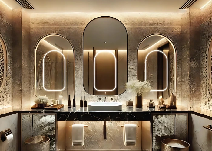 A living room with a custom shape lighted mirror in dubai
