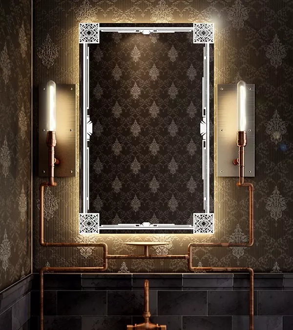 Mini of a steampunk-themed washroom with a unique backlit mirror mounted on a classy wall in Dubai.