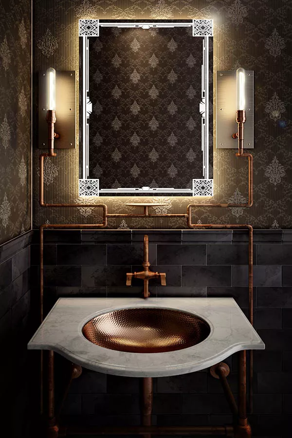 Steampunk themed bathroom with a unique backlighted mirror mounted on a wall with a sink in Oman