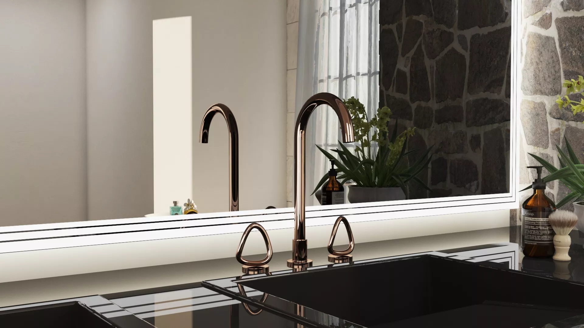 A light-up mirror recessed on a concrete wall and a shiny black sink with a faucet in Abu Dhabi.