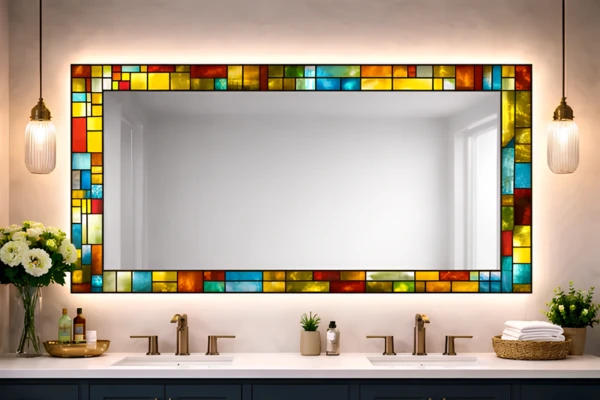 Frosted light-framed mirror installed in a blue mosaic tiled wall with white flowers.