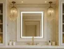 Snippet of a custom-frosted mirror with aesthetic tiles seamlessly blends into a classy bathroom.