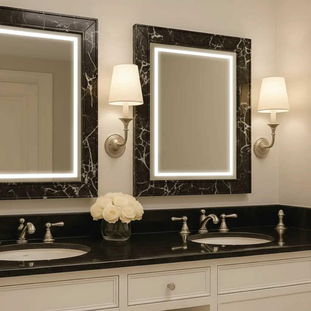 Lighted mirror with a bathtub and shower, providing a refreshing space for a fancy bathroom.
