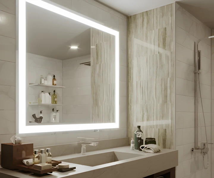 A living room with a custom shape lighted mirror in ajman