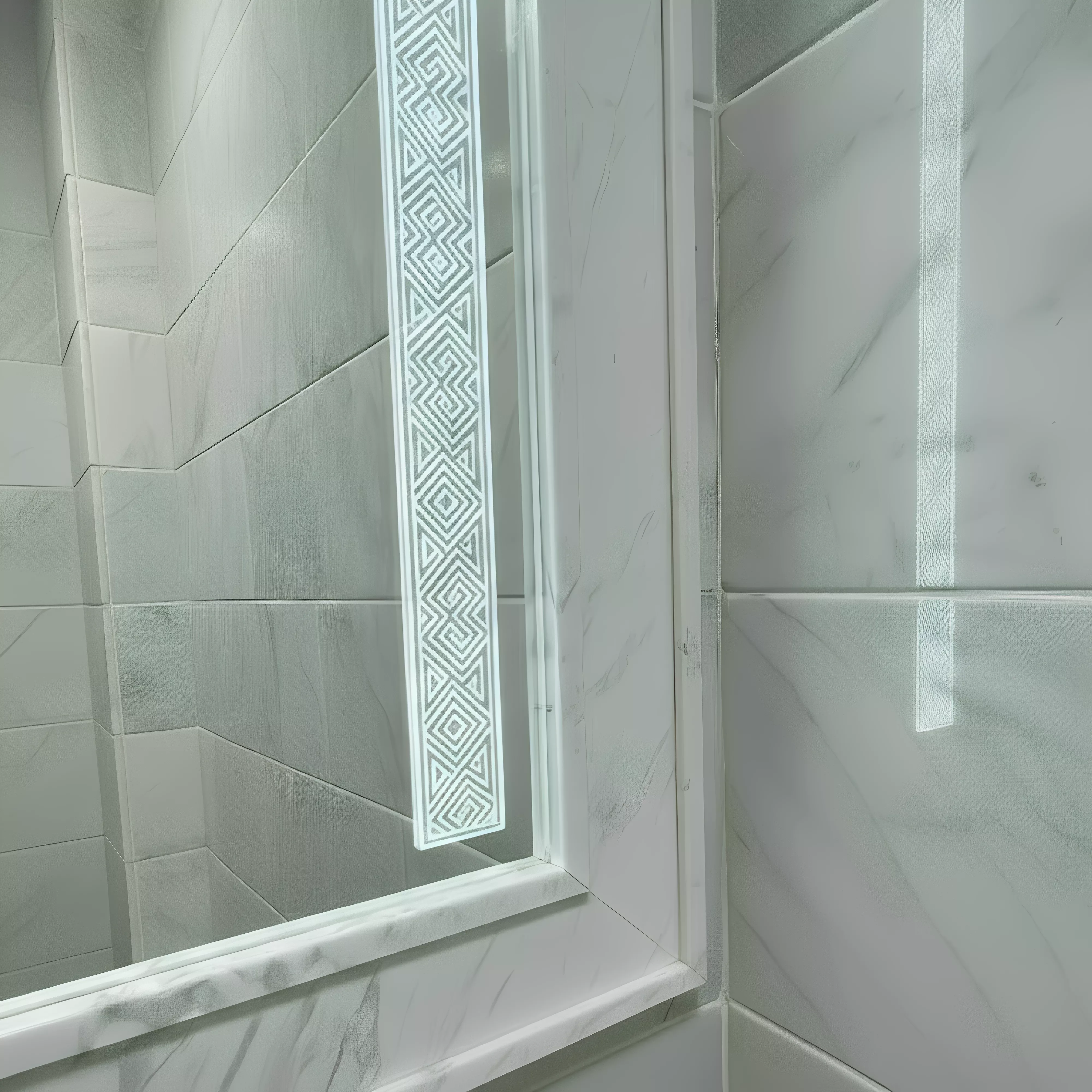 Thumbnail of a frosted-edge LED mirror that fills the space with a gentle glow above a single sink.